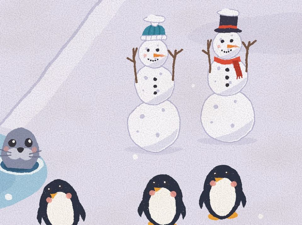 Two snowmen a child built, one in a bobble hat and one in a top hat, standing in a row by the penguins